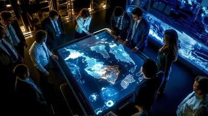 A group of people looking at a large screen with a map on it