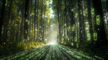 Obraz premium Sunlit Forest Pathway: A breathtaking forest pathway, illuminated by the sun's radiant rays, beckons with its enchanting beauty, lush trees and a sense of boundless exploration.