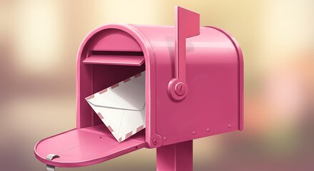Pink mailbox with open door, holding a white envelope.