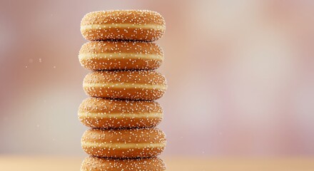 Ultra HD, hyper-realistic, 32K pixels, cinematic stack of Dunkin’ Donuts Munchkin donut holes dusted in sugar, pastel backdrop, soft focus.