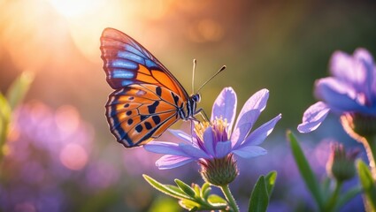 Butterfly on Flower Nectar Gathering in Soft Sunset Light