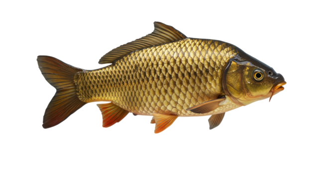 Golden carp swims against the void