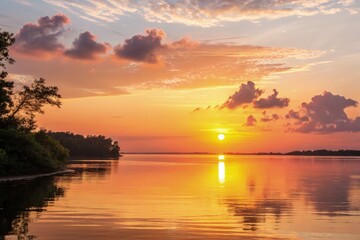 Obraz premium Sunset Reflecting Over Calm Waters During Golden Hour Generative AI