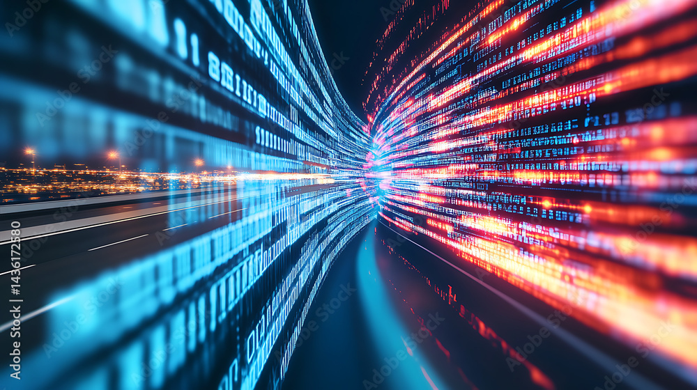 Poster Digital data flow on road in concept of cyber global communication and coding with graphic creating vision of fast speed transfer to show agile digital transformation disruptive innov : Generative AI