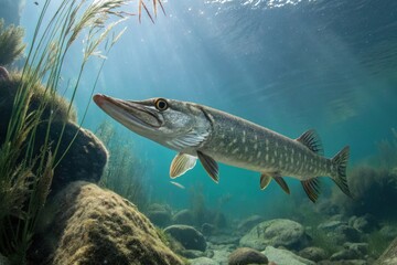 Fototapeta premium Swimming Pike Fish Exploring Underwater Habitat in Clear Water Generative AI