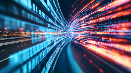 Digital data flow on road in concept of cyber global communication and coding with graphic creating vision of fast speed transfer to show agile digital transformation disruptive innov : Generative AI