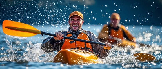 A man in a yellow kayak paddling through the water with a smile on his face