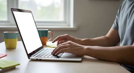 Naklejka premium Laptop user typing with coffee nearby