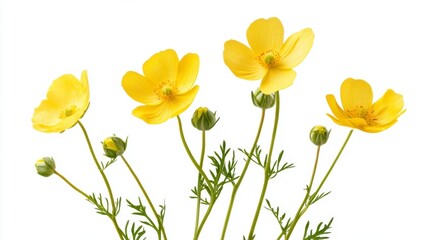 Fototapeta premium Five vibrant yellow flowers with buds, isolated on white background.