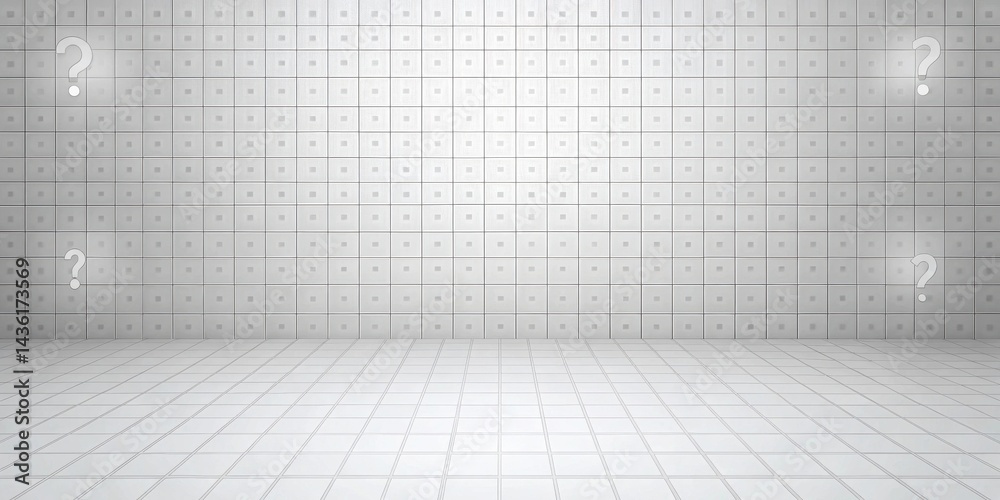Aufkleber A minimalist tiled room with enigmatic question marks illuminating the scene, suggesting unanswered queries and unresolved mysteries within a clean, spacious environment.