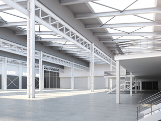 Factory or warehouse or industrial building. Modern interior design .empty space for industry background. 3d render.	