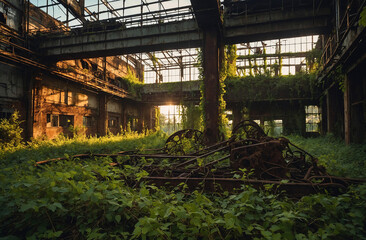 Abandoned Factory Rusting in Rain - Broken Windows & Overgrown Weeds for Urban Exploration & Dystopian Storytelling