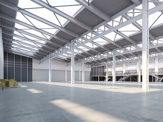 3D render of empty exhibition space. backdrop for exhibitions and events.Interior of empty warehouse