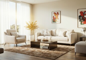 Elegant Neutral Living Room Design with Natural Light and Cozy Modern Decor, modern bright airy living room with sofa