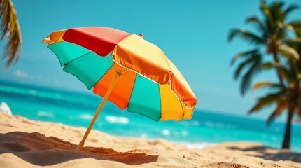 Colorful beach umbrella on tropical sandy shore 