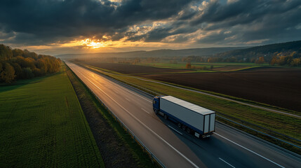Loaded European truck on motorway in sunset