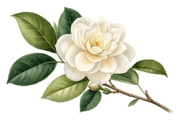 Obraz premium White Flower With Green Leaves Rests on Bright Background Generative AI