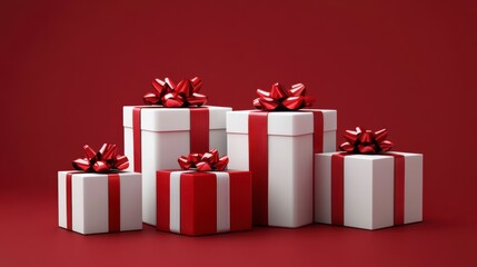 Red and white gift boxes with bows on red background.