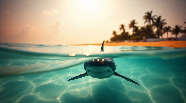 Shark swimming near tropical beach at sunset