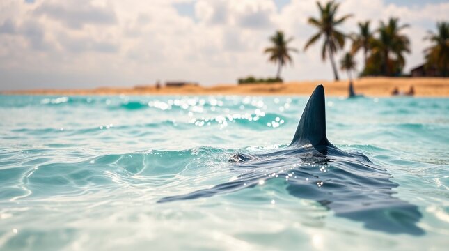 Shark fin approaching tropical beach