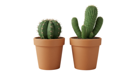 Isolated Two Small Potted Cacti with Different Shapes