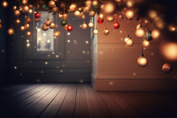 Wooden floor and Christmas decoration on a blurred interior home background.