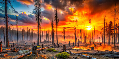 A stunning sunset casts brilliant colors over a scorched forest. Charred tree stumps and fallen logs lie scattered as mist rises, creating a surreal atmosphere in the fading light