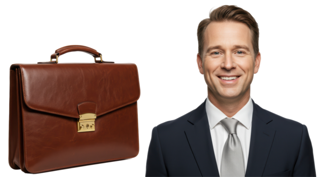 Isolated Smiling Businessman Next to Leather Briefcase