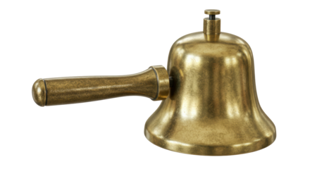Isolated Antique Brass Hand Bell with Wooden Handle Detail
