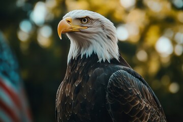 Obraz premium Majestic Bald Eagle Staring Intently with Background Forest Glow