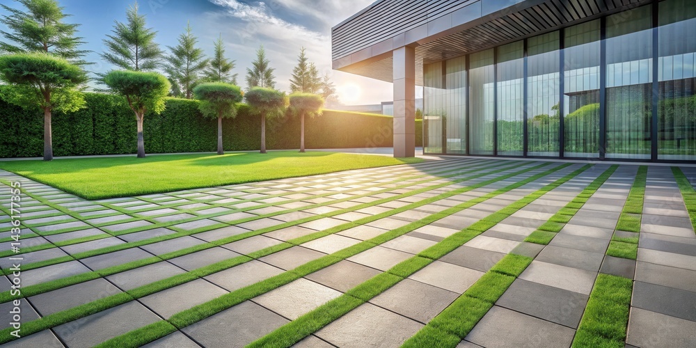 Poster modern architectural design featuring a serene landscape with interlocking stone patio and lush gree