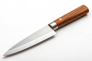 Fototapeta premium Wooden Handle Kitchen Knife on White Surface Ready for Use Generative AI