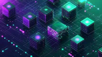 Digital blockchain cybersecurity wallpaper virtual space 3d visualization neon colors futuristic concept