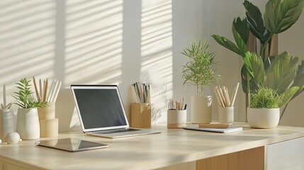 Fototapeta premium A modern, clean desk setup with a tablet, laptop, and office supplies, houseplants nearby.