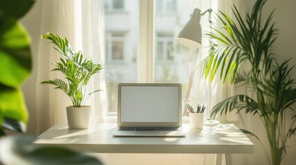 Fototapeta premium A minimalist home office with sleek furniture, open laptop, and natural light streaming in.