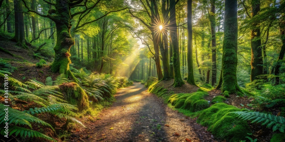 Poster Sunlit Path Through a Lush, Mossy Forest with Beams of Light Illuminating the Way