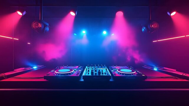 Futuristic DJ booth with vibrant lighting and fog effects, ready for an electrifying night of music
