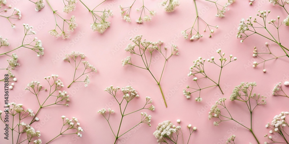 Poster pastel pink background featuring delicate white flowers arranged in a symmetrical pattern
