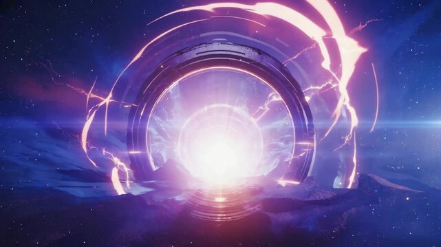 a glowing portal in the cosmic vastness of space. The portal is surrounded by swirling pink energy and bright stars, hinting at a possibility of interdimensional travel