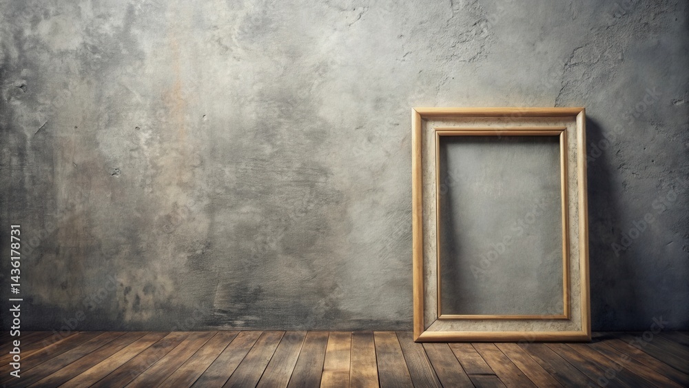 Poster empty wooden picture frame leaning against a textured wall on a rustic wooden floor, a blank canvas 
