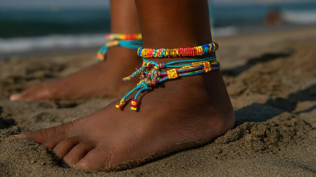 Close up of woman's feet wearing vibrant handmade anklets standing on a sandy beach with ocean waves slightly blurred in the background.