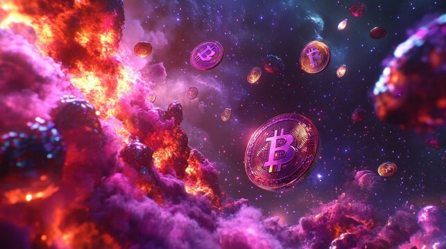 Crypto currency in space, fire and clouds