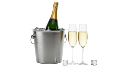 Isolated Champagne Bottle in Ice Bucket with Two Glasses