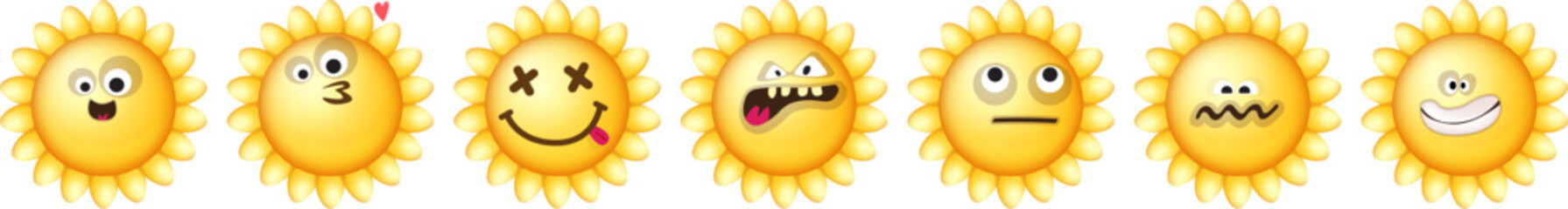 vector funny cartoon smiling sun character set isolated on white background. Funky SUN collection face with different expressions smiling, sad, angry, funny face. summer funky character set