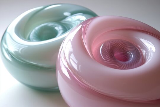 Two swirling glass sculptures, one in pale green and the other in soft pink, showcasing elegant curves and smooth surfaces.