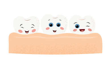 Cute vector illustration of three smiling cartoon teeth in healthy gums. Happy concept of dental care for children and pediatric dentistry. Flat style, bright colors, isolated on white background.