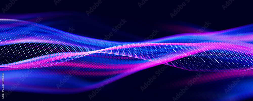 Poster Abstract wave of particles. Big data digital flow concept. LLM learning process, AI technology. Quantum computing. 