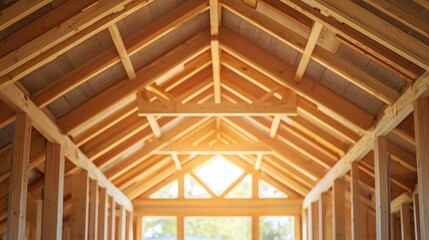 A barn-style house frame with exposed wooden beams.