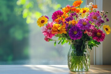 Vibrant bouquet of colorful summer flowers in a glass vase, bathed in sunlight.