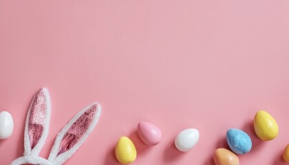 easter bunny ears with colorful eggs on pink background for festive web design, spring branding, seasonal marketing, greeting cards, graphic resource

